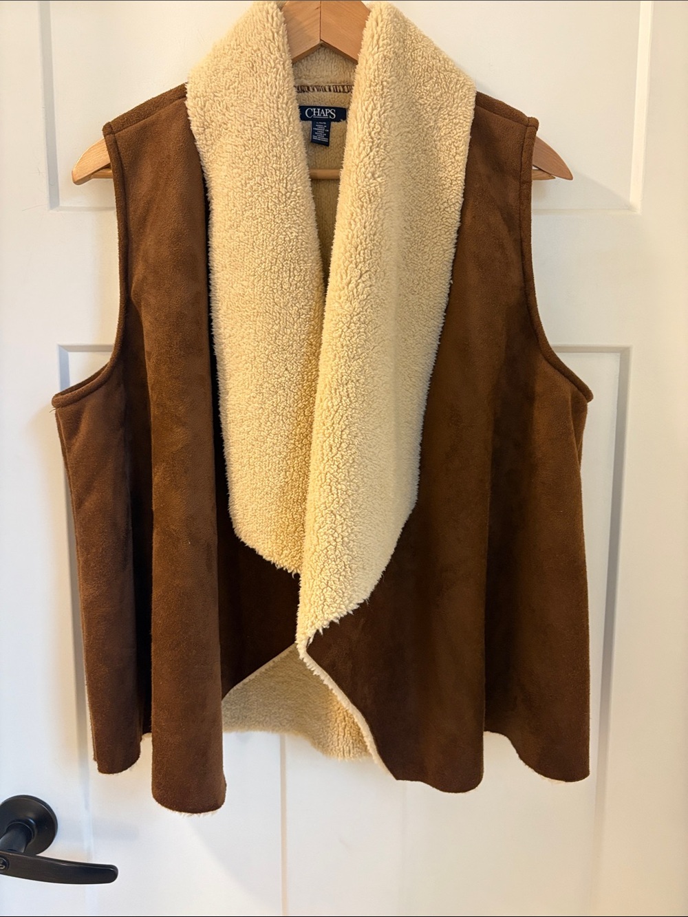 Chaps Brown Faux Suede Vest with Cream Sherpa Collar